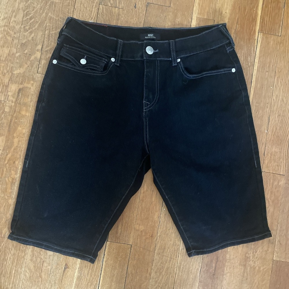 True Religion Ricky Relaxed Straight Flap Shorts Black Cotton Blend Men's 30